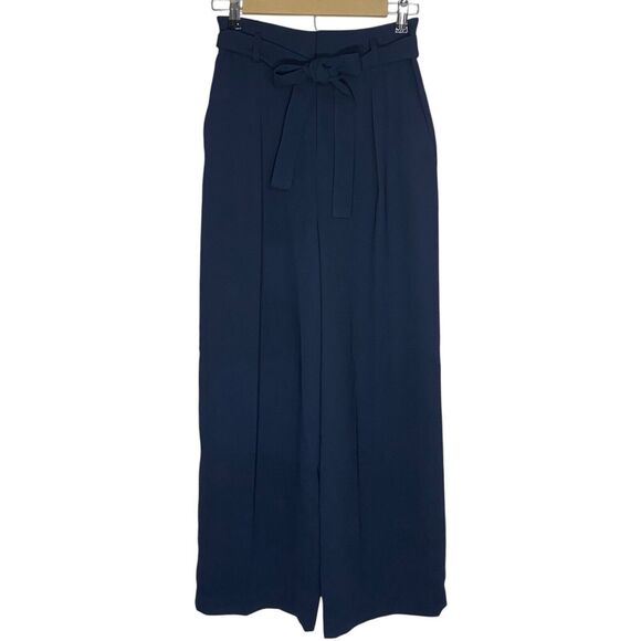 Uniqlo Pants Womens 26-27 Wide Leg Navy Blue Zip Tie Belt Elastic Waist Pleated - Picture 1 of 9
